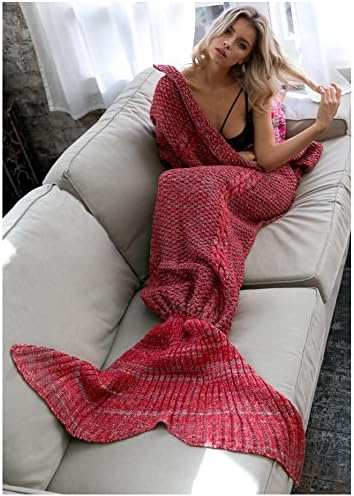 Seatore Mermaid Tail Blanket, Large Size Crocheted Mermaid Blanket, Thick Warm Soft All Seasons Sleeping Blanket for Girls, Adult, Teens (71"x32") (Red)