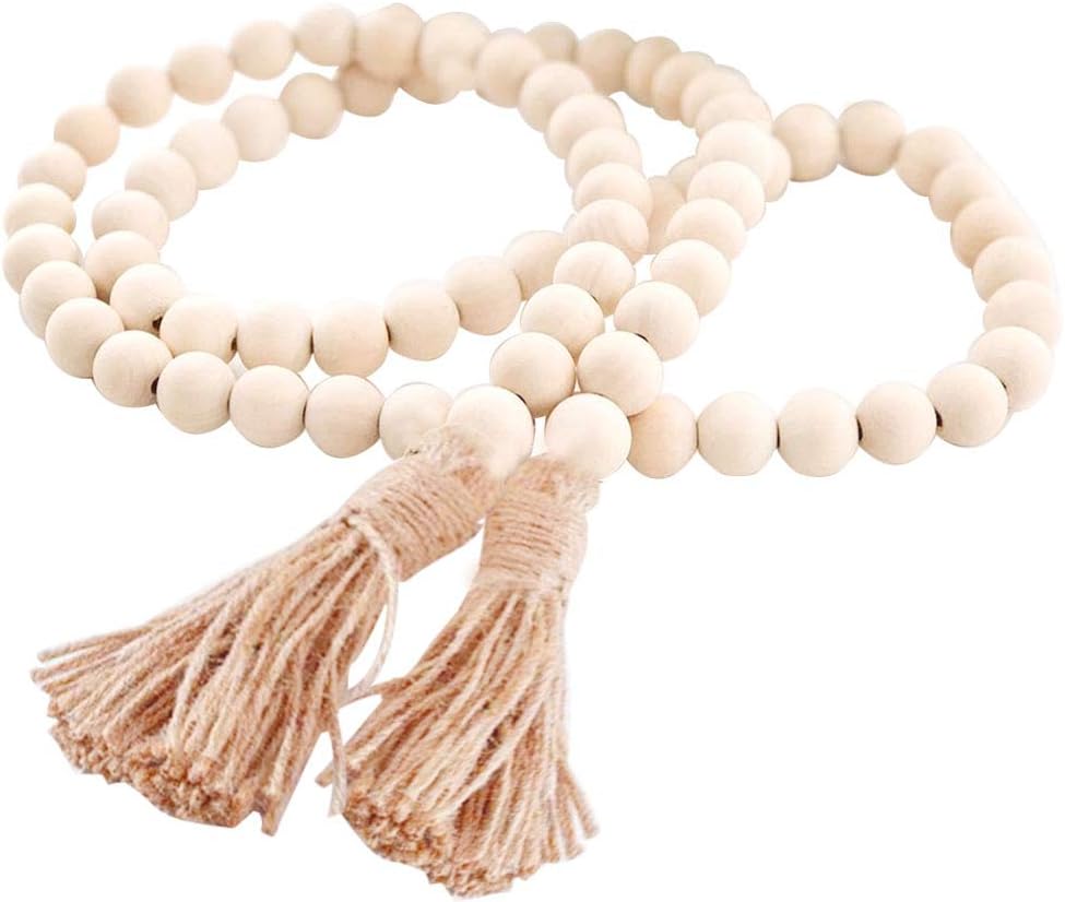 Amadj 57in Wood Bead Garland Rustic Farmhouse Beads Prayer Beads Wall Hanging Decoration