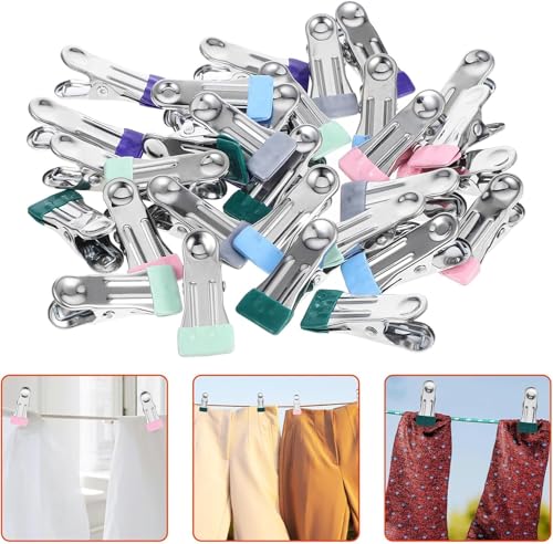 30pcs Clothes Pegs for Washing Line, Stainless Steel Towel Pegs Heavy Duty Sock Non-Slip Metal Laundry for Shoes Food Sealing Photos