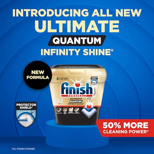 Finish Ultimate Infinity Shine Dishwasher Detergent Pods, 3 Chamber Formula with PowerBall, 2X Grease Fighting, Burnt & Dried-On Stains, Ultimate Clean & Virtually Diamond Shine, No Pre-Rinse, 62 Tabs