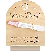 GOMAKERER 1 Pc Wooden Pregnancy Announcement Sign, Hello Daddy Wooden Pregnancy Test Keepsake with Base & Twine Rope Pregnancy Reveal to Husband Dad to Be Gift for Display