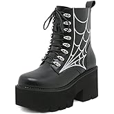 mikarka Women's Chain Platform Boots Lace Up & Zipper Chunky Heel Black Combat Ankle Booties Fashion Studded Motorcycle Boots