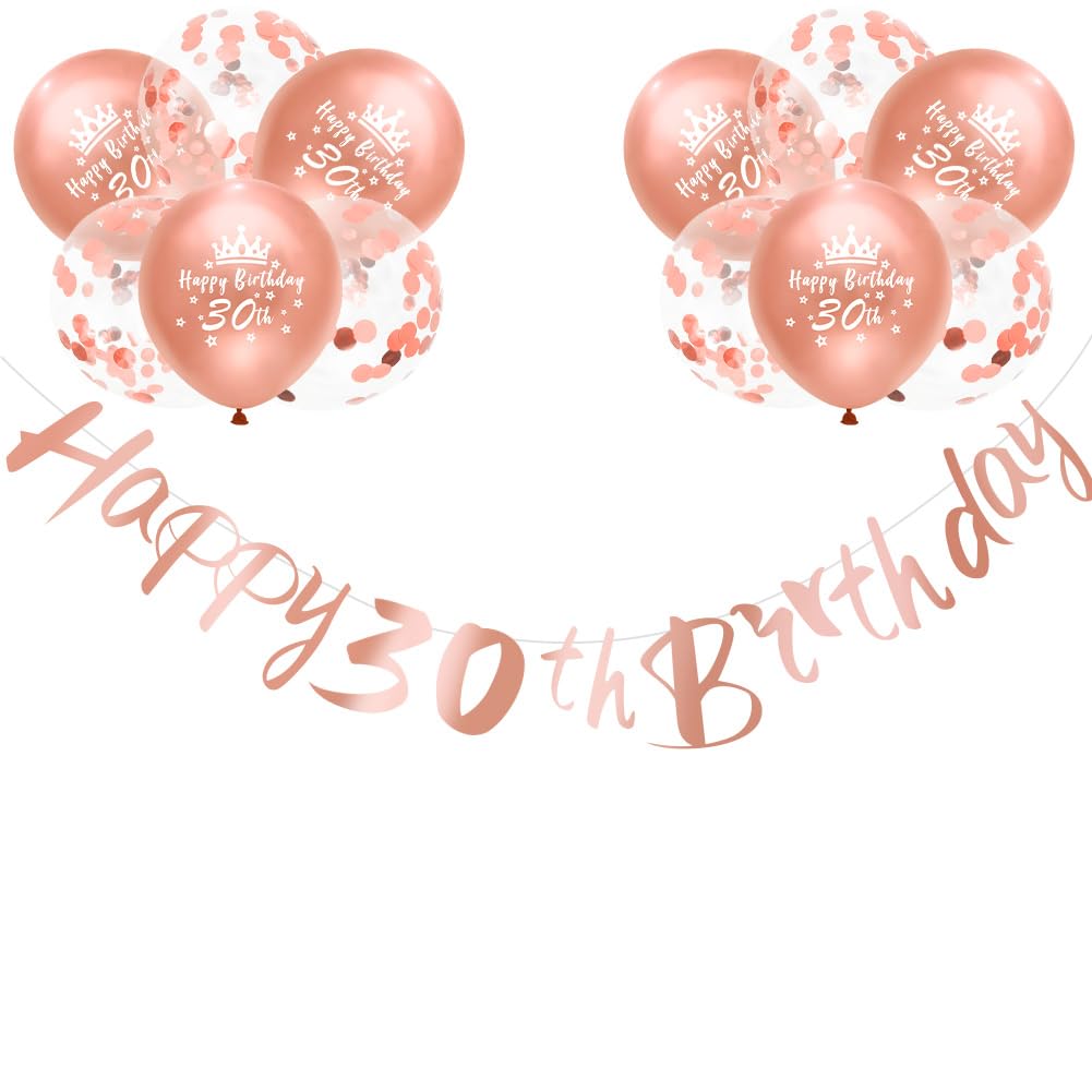 Happy 30th Birthday Banners Rose Gold Women 30th Birthday Banner Bunting Personalized Including 12 Pack 12” Latex Printed Balloons Women 30 Decorations Supplies
