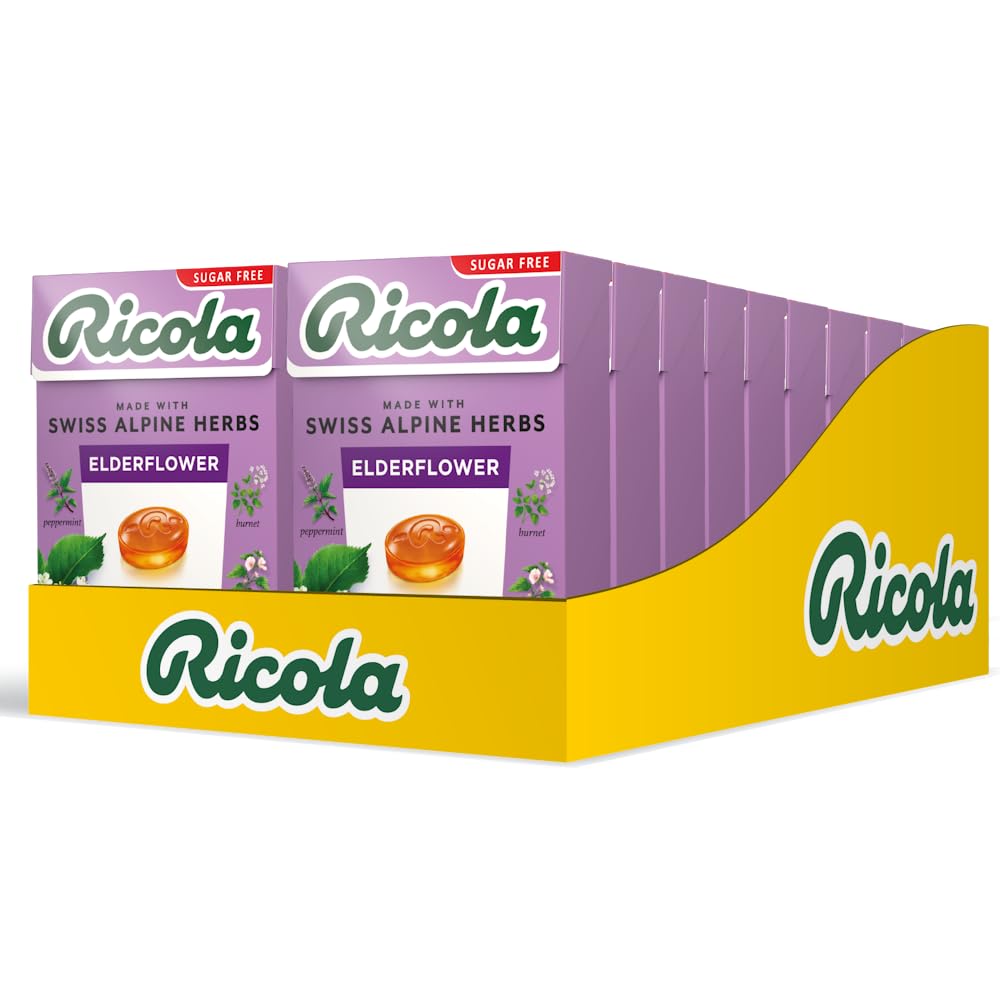 Ricola Elderflower Sugar Free Swiss Herbal Sweets, Herb Drops, Sweet Box 45g - Pack of 10 Boxes