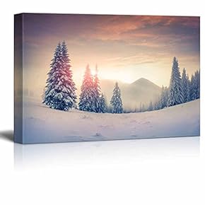 Canvas Prints Wall Art - Foggy Winter Sunrise in The Mountains Vintage/Retro Style Nature Beauty - 12" x 18"