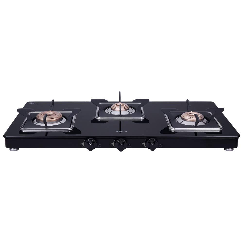Slimmest 3 Burner Gas Stove with Square Grid and Brass Burner Elica Best Price With