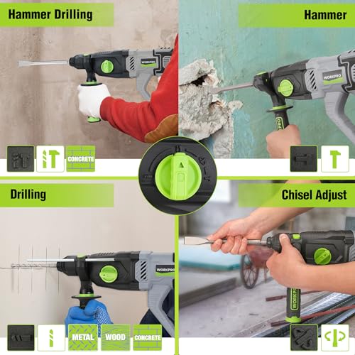 WORKPRO SDS Plus 1050W Hammer Drill with 4 Functions, Variable Speed and 360° Rotating Handle, Includes Drill Bits for Concrete, Wood and Metal