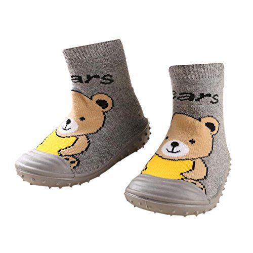 Fire Frog Infant Baby Cartoon Patterned Soft Rubber Bottom Anti-Slip Floor Socks Boots (16-18 Months, Short Bear Grey)