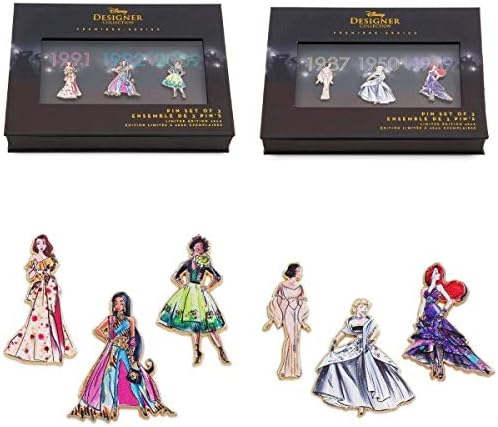 Disney Store Designer Premiere Limited Edition Pins (2 Set of 3) with Snow White, Cinderella, Ariel, Belle, Jasmine and Tiana