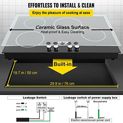 VEVOR Builtin Induction Cooktop, 30 Inch 4 Burners, 220V Ceramic Glass