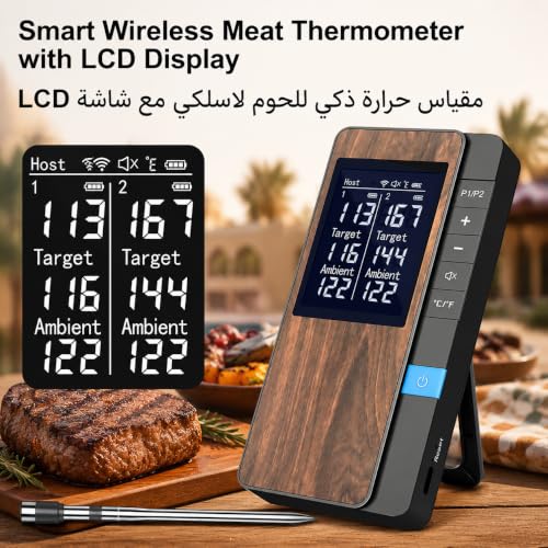 Smart Wireless BBQ Meat Thermometer with 2 Ultra Thin Probes,Bluetooth APP Control Food Thermometer,Fast Charge,IP67 Waterproof,Digital Display Base,for Smoker Grill Oven Kitchen Outdoor Cooking