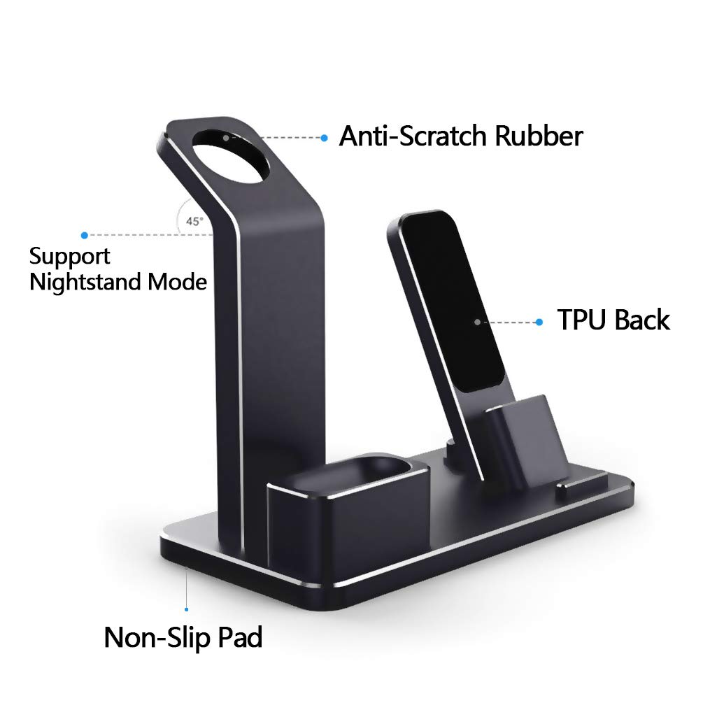 Tinfence Charging Stand for iWatch Charging Stand Dock Station for AirPods iWatch Series 4/3/2/1/ iPhone X/XS/XS Max/8/8Plus/7/7Plus/6S/6S Plus Black