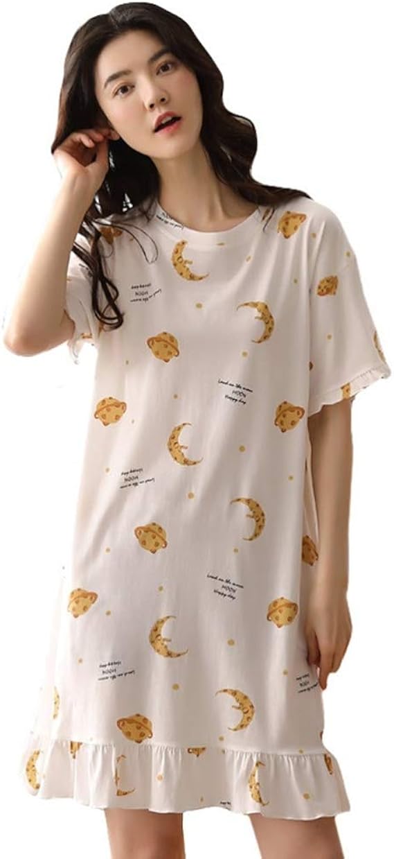 Amazon コットン ルームワンピース 夏用 レディース パジャマ ルームウェア ナイトウェア 半袖 クルーネック 薄手 綿 肌に優しい 女の子 可愛い 月柄 おしゃれ カジュアル 部屋着 寝巻き ワイド 大きいサイズ ルームワンピース ネグリジェ 通販