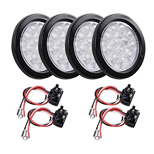 2 Pairs 4'' Round 12-LED White Back-up Reverse Truck Trailer Tail Lights Kit (Clear Lens)