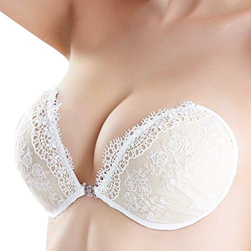 SportsWell Women Sexy Lace Embroidery Push Up Silicone Strapless Invisible Bra, White L