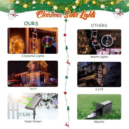 2023 Newest Outdoor Christmas Decorations, 10ft Solar Christmas Ladder Lights with Santa Claus & Top Star, 8 Modes Colorful Waterproof Christmas Decorations Outside Window Wall Roof Xmas Tree Decor