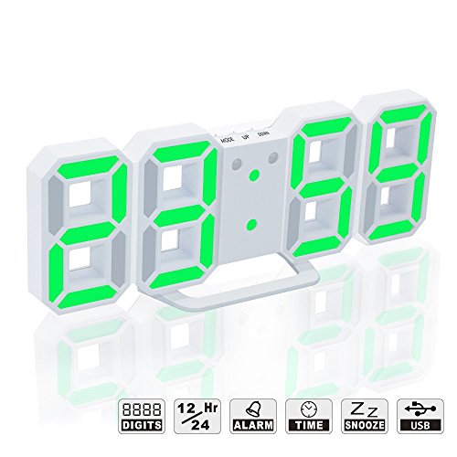 LED Digital Alarm Clock For Desk / Shelf / Tabletop, Modern Home Decoration 3D Wall Clock, Easy To Read at Night, Loud Alarm and Snooze, Big Digit Display (White Frame, Green Light) - Thumbnail 7