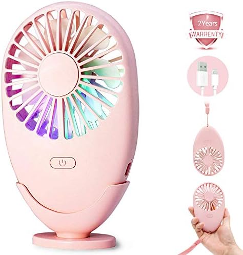 Ronessy Personal Fan Hand Fan Necklace Fan Desk Fan Portable 7- Color LED Travel Fan 2 Speed USB Rechargeable for Women Men Kids Outdoor (Pink)