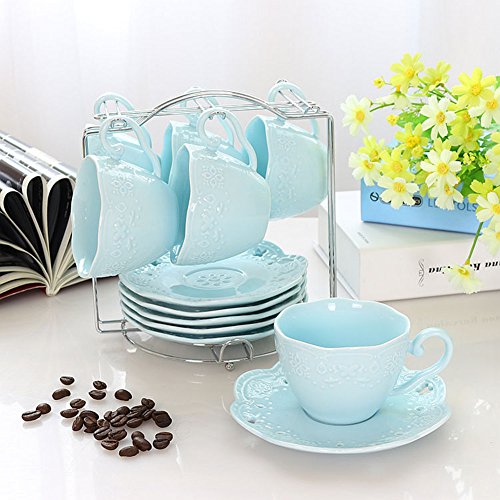 Eglaf Coffee Tea Cup Set Embossed Ceramic (Bone China) and Porcelain Saucers Scoop Bracket 6 - Piece Set (Blue)