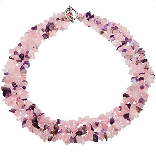 SUNYIK Amethyst & Rose Quartz Tumbled Stone Bib Necklace Collar Choker Strands 17.5 inches