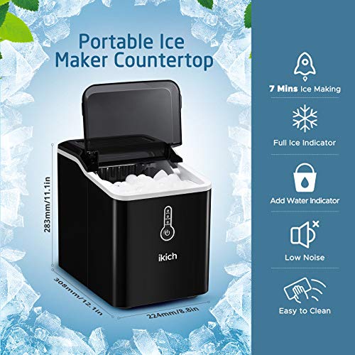IKICH Ice Maker Countertop, 26lbs 24Hrs, 9 Cubes Ready in 7mins