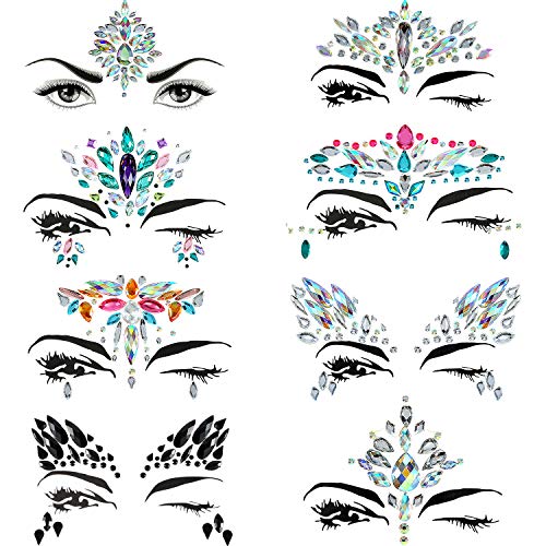 Maxdot 8 Sheets Rhinestone Face Gems Sticker Face Jewels for Face Decorations (Pattern Set 2)