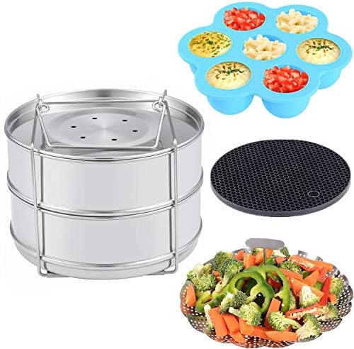 Accessories for Instant Pot - Stackable Food Steamer Insert Pans, Vegetable Steamer Basket, Silicone Egg Bites Molds, Silicone Pot Holder, 4 pcs/Set for 5,6,8QT Pressure Cooker Instant Pot Duo V2