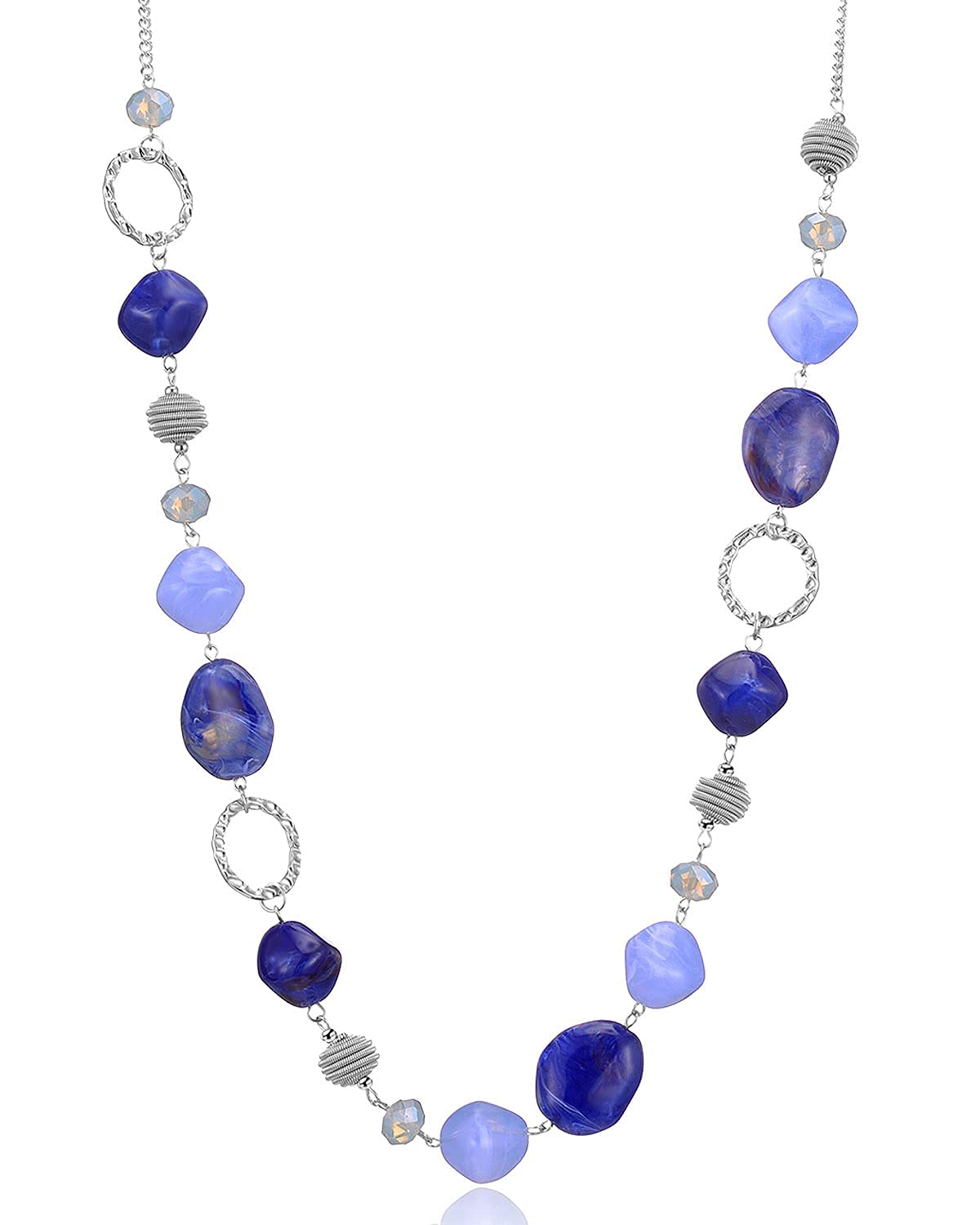 Photo 1 of BULINLIN Beaded Long Necklace for Women Silver Sweater Chain Necklace with Crystal Resin Beads, Fashion Jewelry Necklace(Dark light blue)