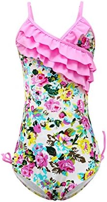 Girls Bathing Suits Adjustable Floral/Stripe/Pineapple/Swan/Cherry Modest Ruffle Swimsuit (FBA)