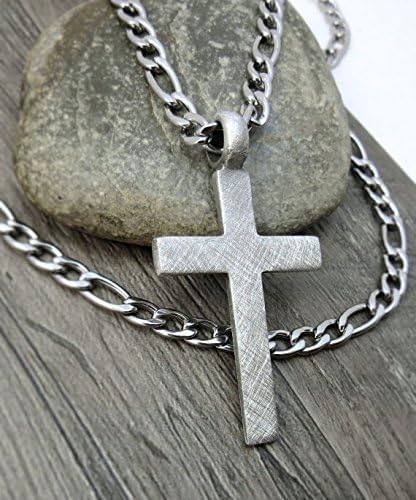 GenericMen's Cross Necklace, Large Cross Pendant - Silver Cross Necklace (Fine Pewter) with Stainless Steel Chain - Men's Cross Jewelry