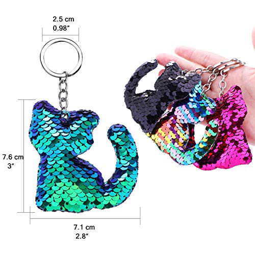 Blulu 24 Pieces Flip Sequin Keychain Cat Shape Key Ring Hanging