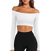 LASLULU Womens Off The Shoulder Tops Seamless Long Sleeve Workout Crop Top Sexy Gym Yoga Going Out Tops Shirts