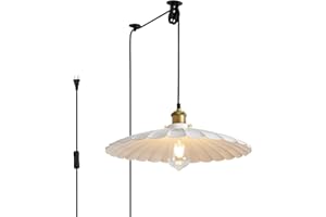 Oyisen Hanging Lamp Plug in White 15.7 Inch Metal Lampshade Pendant Light Adjustable Cord Pendant Light Plug in Industrial Hanging Lights Farmhouse