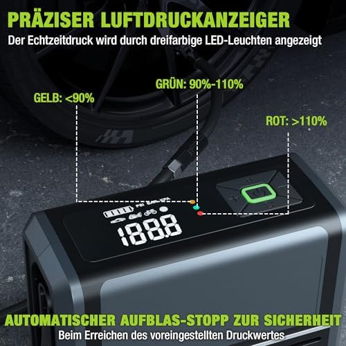 Kabellose Elektrische Luftpumpe 3-in-1 mit LED-Licht, Powerbank, Akku Kompressor mit Display & Abschaltautomatik, für Auto, Fahrrad, Motorrad, Bälle – USB & 12V Ladeoption