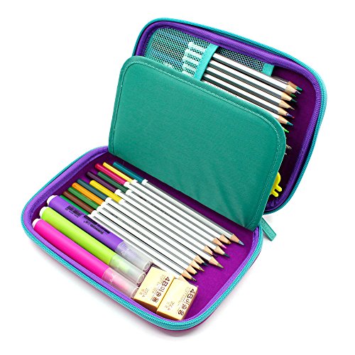 3D Rainbow Unicorn Embossed Hardtop Pencil Case - School Girls Large Colored Pen Holder Box With Compartments - Kids Cute Cosmetic Pouch Bag Stationery Organizer (Purple)