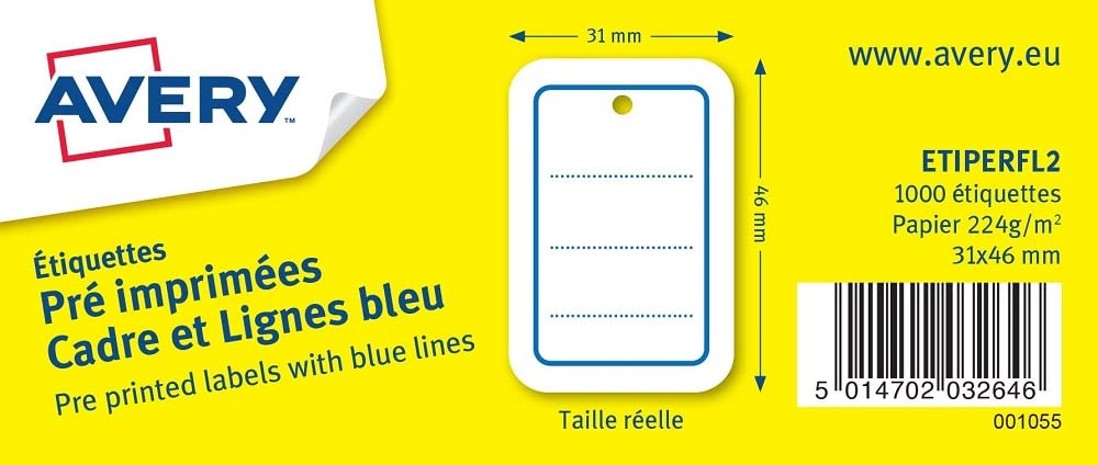 AVERY - Box of 1000 Labels with Blue Lines - 31 x 46 mm