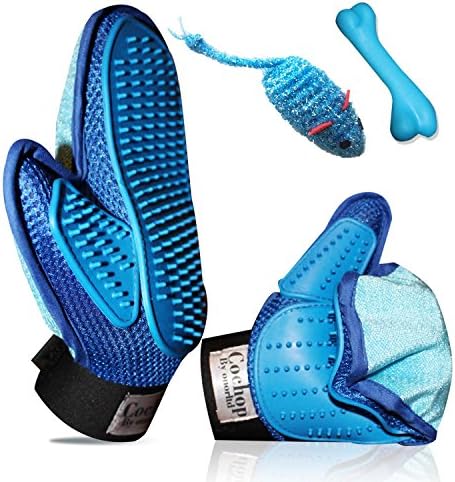 Pet Hair Remover Grooming Glove Brush + 2 Toys - For De Shedding - Patting - Brushing Pet Groomer For Long &amp; Short Hair - Furniture Hair Remover Tool (Left Hand, Blue)