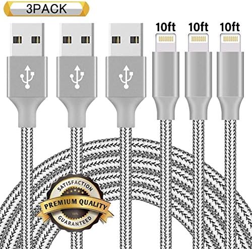 iPhone Charger,Ulimag MFi Certified Lightning Cable 3 Pack 10FT Extra Long Nylon Braided USB Charging & Syncing Cord Compatible iPhone Xs/Max/XR/X/8/8Plus/7/7Plus/6S/6S Plus/SE/iPad/Nan Grey