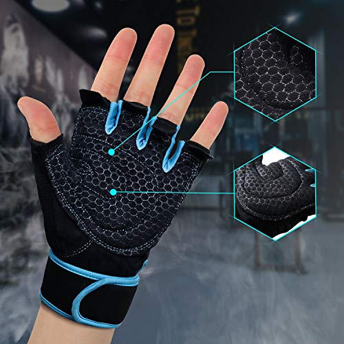 Thiroom Workout Gloves with Wrist Wrap Support for Men & Women Shorty Fingerless Gym Gloves Exercise Training Gloves for Weightlifting Training Fitness Hanging (Blue, XL)