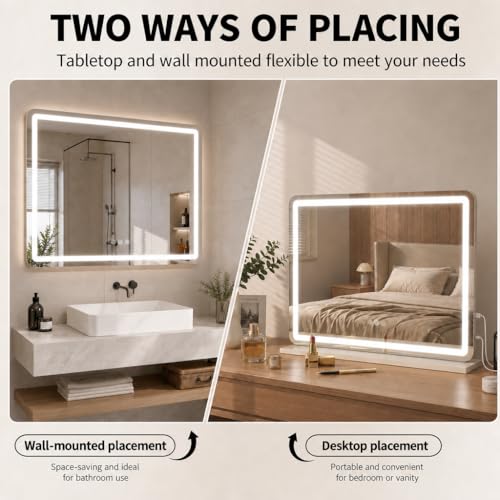 Vanity Mirror with Lights, 80 * 57CM Large Makeup Mirror with LED Lighted, Dressing Table Mirror with 3 Color Dimmable Lights, Touch Control, 5X Magnification for Wall & Desk Tabletop