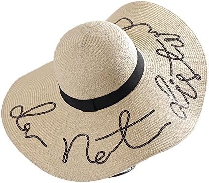 Women's Straw Sun Hat Paper Weaved Crushable Adjustable Beach Quote Floppy Brim Sun Hat
