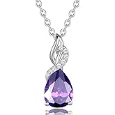 FANCIME 14K Solid White Gold Teardrop Pendant with Diamond Birthstone Necklace