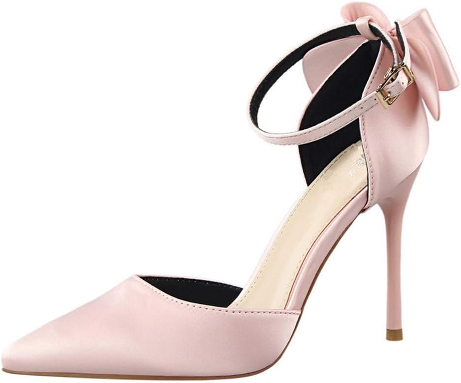 MMJULY Women's Pointed Toe Ankle Strap Bow Stiletto High Heel Satin Wedding Dress Pumps
