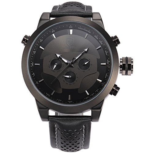 Requiem Shark Dual Time Zone Analog Date Day 24-hour Display Men's Leather Strap Sport Wrist Watch SH210