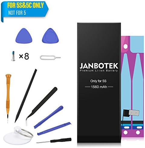 JANBOTEK Replacement Battery Compatible with iPhone 5S or 5C - Repair Kit with Tools, Adhesive Strips - New 1560 mAh 0 Cycle Battery - 24-Month Warranty