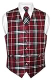 Men's Plaid Design Dress Vest & NeckTie Black Burgundy White Neck Tie Set