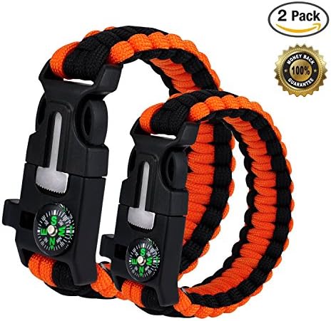 2PCS Survival Bracelet, Outdoor Survival Paracord Bracelet Kit with Compass, Whistle, Knife, Flint Fire Starter for Camping Hiking Fishing Running
