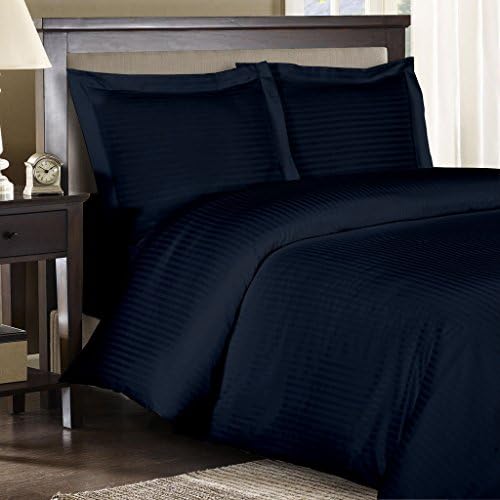 Linen House Hotel Collection Bedding's 600-Thread-Count 100% Egyptian Cotton Full XL Damask Striped 3 Piece ( Duvet Cover with Zipper Closer + 2pc Pillow Shams ), Navy Blue