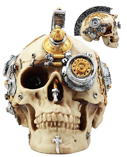Ebros Gift Steampunk Trojan Warrior Skull Figurine With Painted Gear Work Roman Greek Phalanx Helmet Cyclops Sculpture 8.5"L