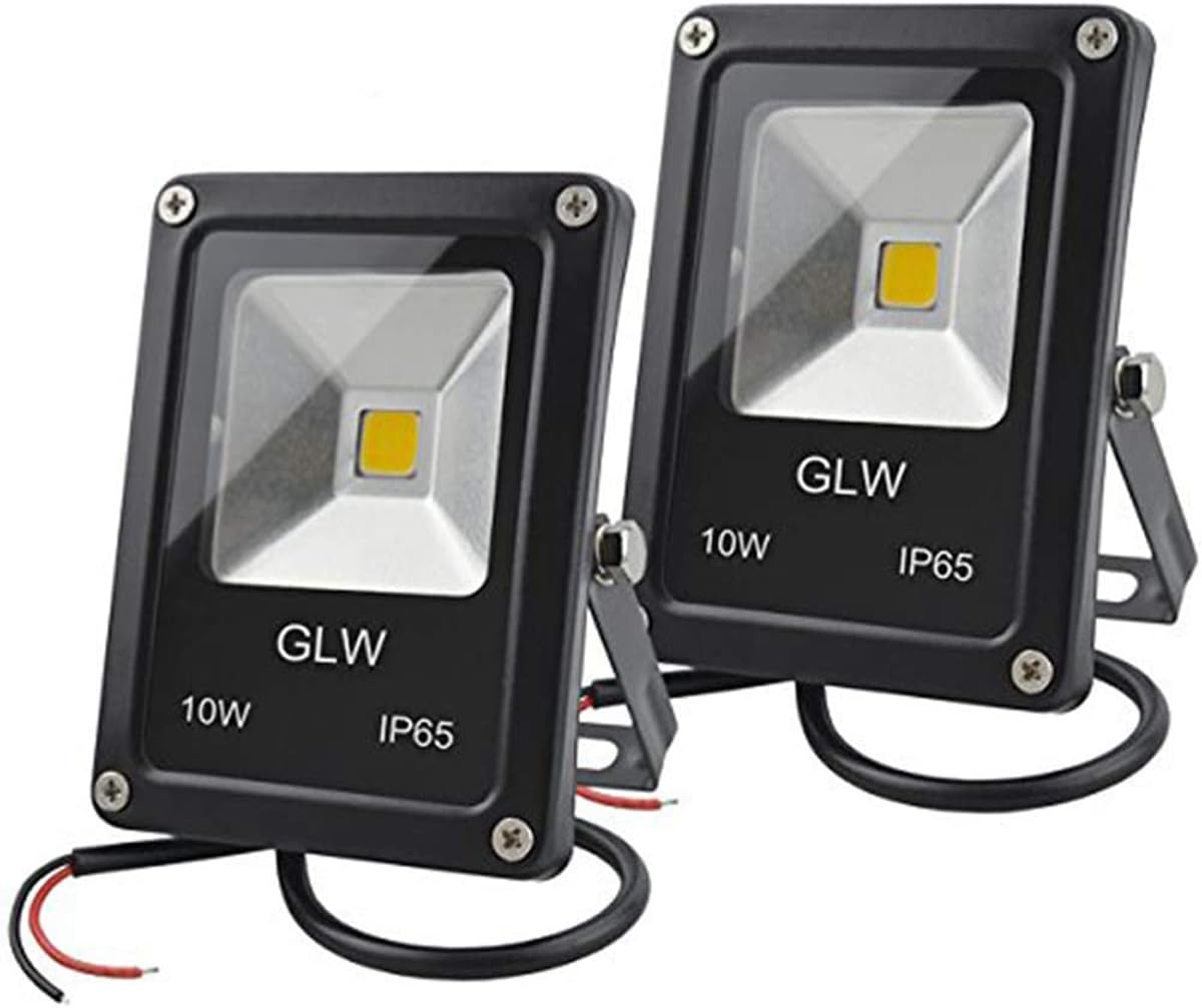 GLW 12V DC LED Flood Light 10W Mini Outdoor Floodlight IP65 Waterproof Working Outside Lights 900lm 3000K Warm White Security Light 80W Halogen Bulb Equivalent 2 Pack No Plug [Energy Class A++]